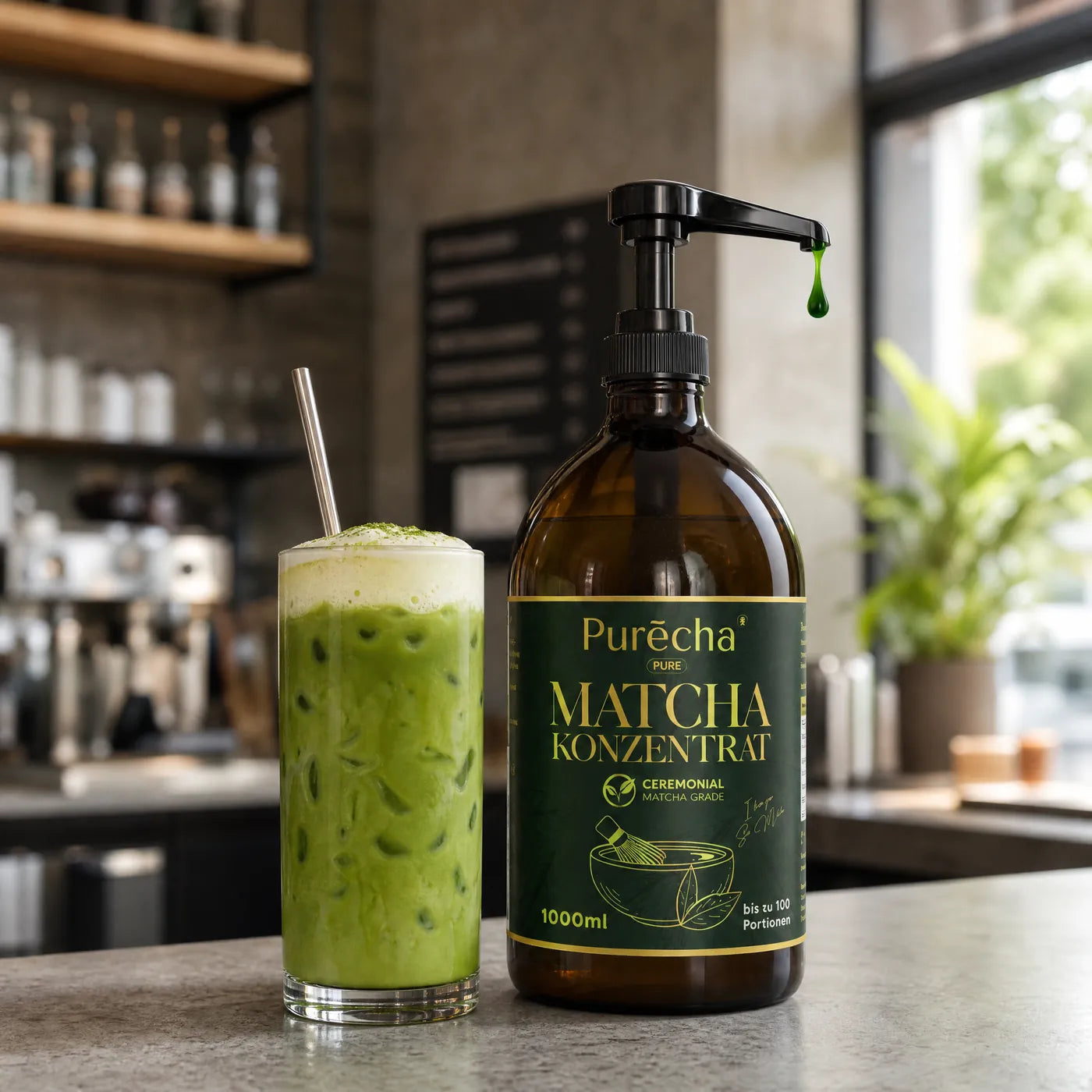 Purēcha Matcha-Konzentrat mit Pumpspender neben einem Iced Matcha Latte